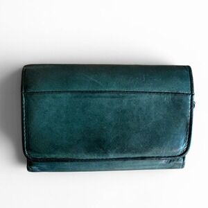 Hobo International Teal Green Leather Trifold Jill Wallet Zip Pocket